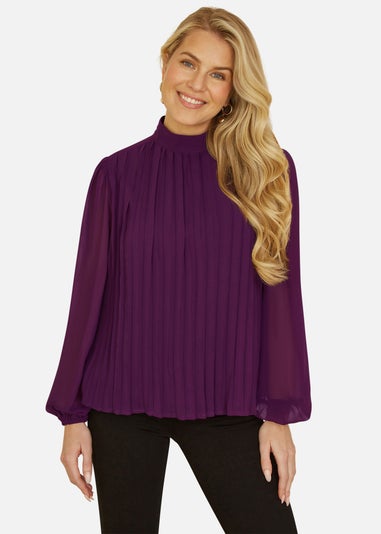 Mela Plum Pleated Long Sleeve Top With High Neck