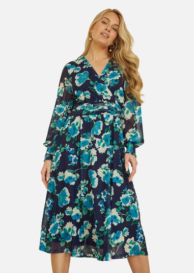 Yumi  Blue Floral Mesh Wrap Dress With Long Sleeves