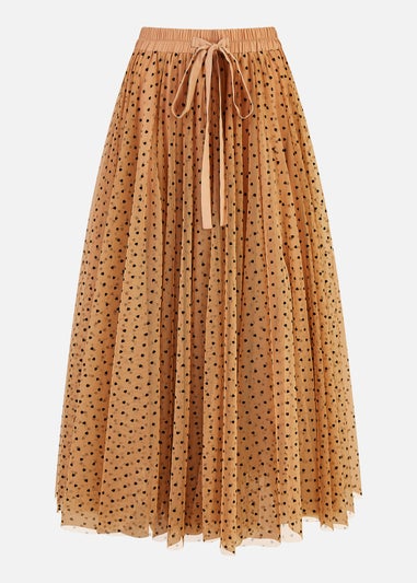 Yumi Brown Mesh Heart Print Tulle Skirt