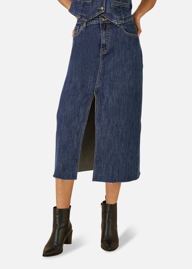 Yumi Blue Denim Stretch Fitted Midi Skirt With Front Split