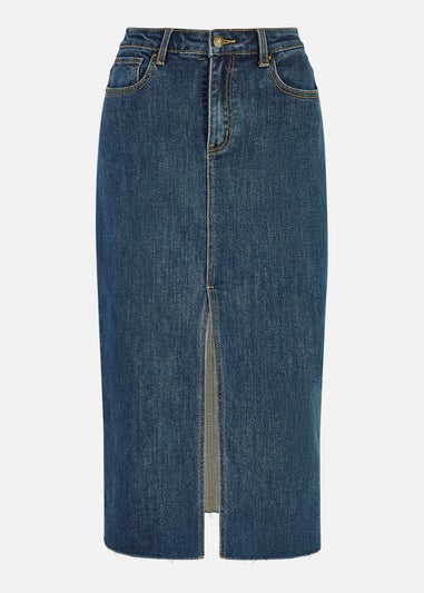 Yumi Blue Denim Stretch Fitted Midi Skirt With Front Split