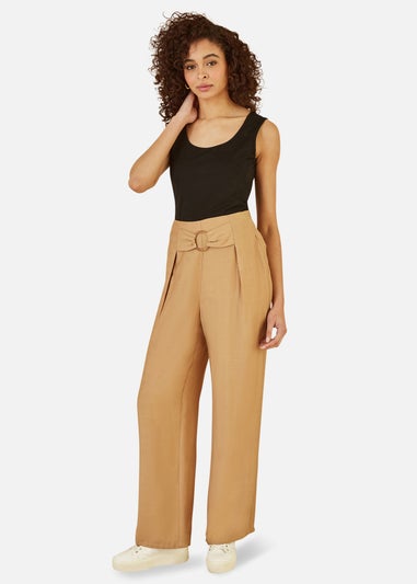 Yumi Brown Wide Leg trousers With Front Buckle Detail