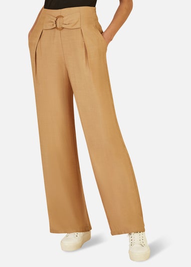 Yumi Brown Wide Leg trousers With Front Buckle Detail