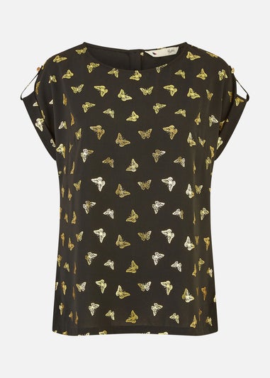 Yumi Black Foil Butterfly Print Top