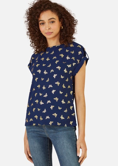 Yumi Navy Foil Butterfly Print Top