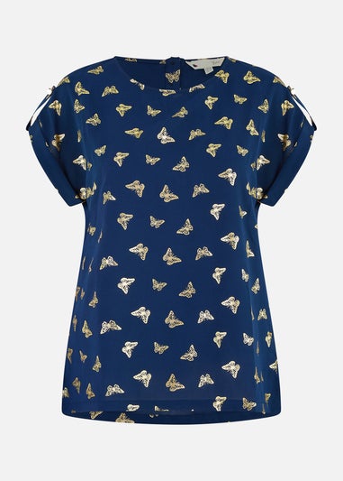 Yumi Navy Foil Butterfly Print Top