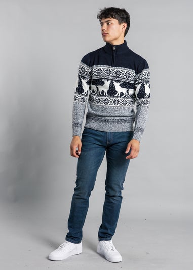 Tokyo Laundry Navy Festive Jacquard Twist Knit 1/4 Zip Jumper