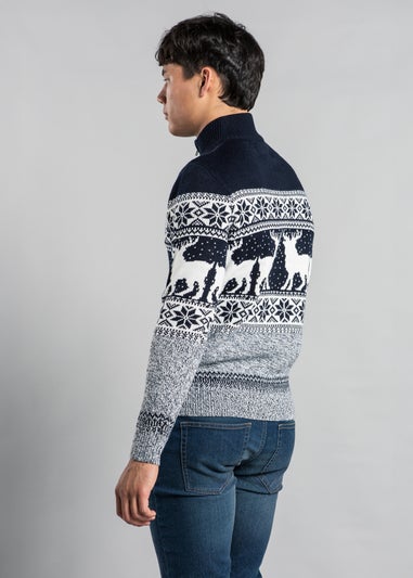 Tokyo Laundry Navy Festive Jacquard Twist Knit 1/4 Zip Jumper