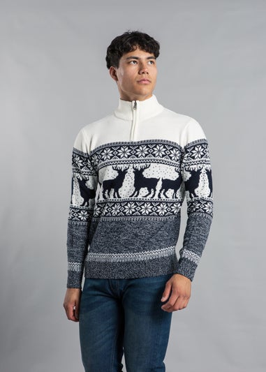 Tokyo Laundry Ecru Festive Jacquard Twist Knit 1/4 Zip Jumper