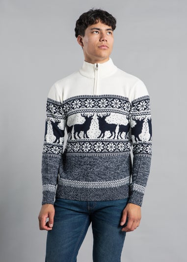 Tokyo Laundry Ecru Festive Jacquard Twist Knit 1/4 Zip Jumper