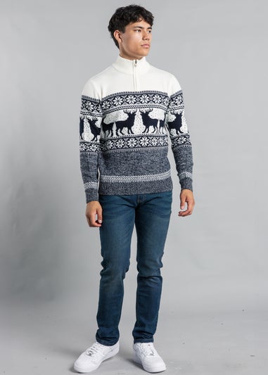 Tokyo Laundry Ecru Festive Jacquard Twist Knit 1/4 Zip Jumper