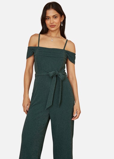 Yumi Green Sparkle Stretch Bardot Jumpsuit