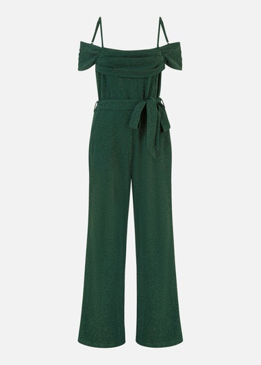 Yumi Green Sparkle Stretch Bardot Jumpsuit