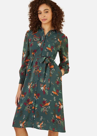 Yumi Green Recycled Fox Print Shirt Midi Dress