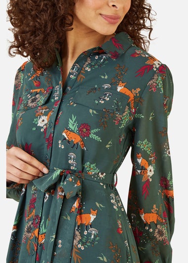 Yumi Green Recycled Fox Print Shirt Midi Dress