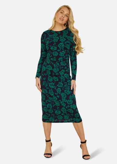 Yumi Green Floral Fitted Mesh Midi Dress With Long Sleeves