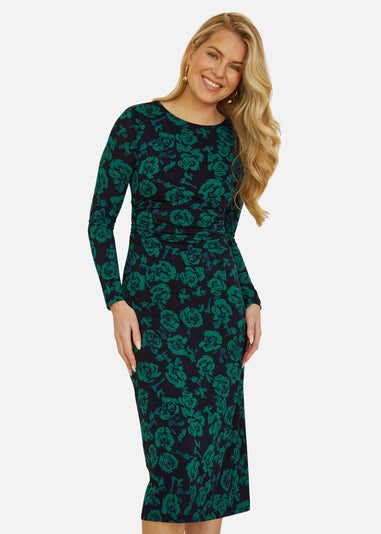 Yumi Green Floral Fitted Mesh Midi Dress With Long Sleeves