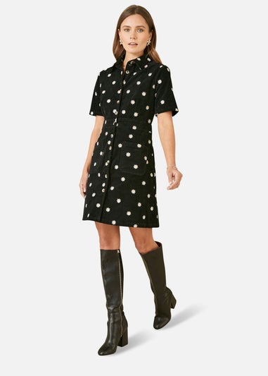 Yumi Black Daisy Embroidered Cord Shirt Dress