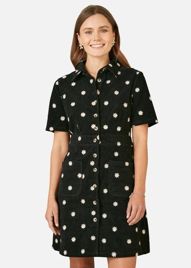 Yumi Black Daisy Embroidered Cord Shirt Dress