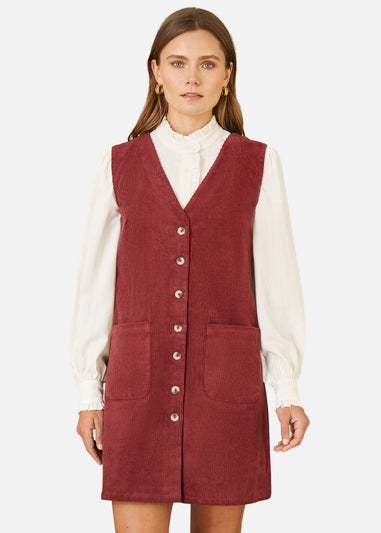 Yumi Burgundy Cord Button Through Pinafore Dress With Pockets