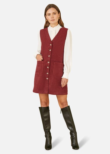 Yumi Burgundy Cord Button Through Pinafore Dress With Pockets