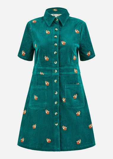 Yumi Teal Cord Shirt Dress With All Over Fox Embroidery