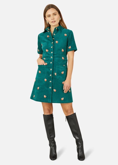 Yumi Teal Cord Shirt Dress With All Over Fox Embroidery