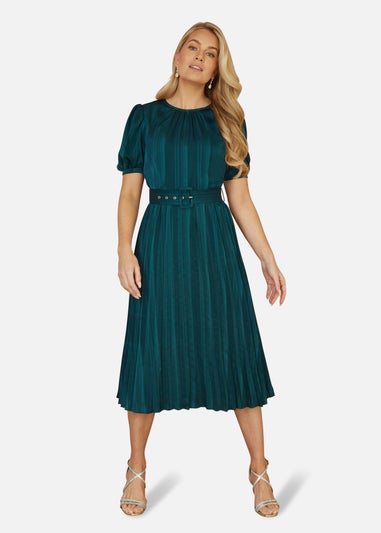 Yumi Green Satin Striped Midi Dress With Pleats and Matching Belt