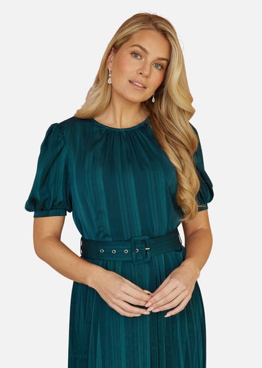 Yumi Green Satin Striped Midi Dress With Pleats and Matching Belt