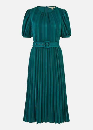 Yumi Green Satin Striped Midi Dress With Pleats and Matching Belt