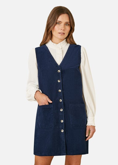 Yumi Navy Cord Button Through Pinafore Dress With Pockets