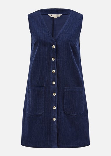 Yumi Navy Cord Button Through Pinafore Dress With Pockets