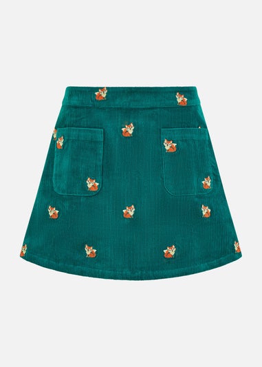 Yumi Teal Fox Embroidered Cord Mini Skirt