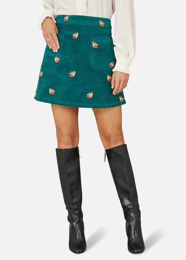 Yumi Teal Fox Embroidered Cord Mini Skirt