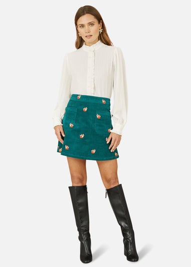 Yumi Teal Fox Embroidered Cord Mini Skirt