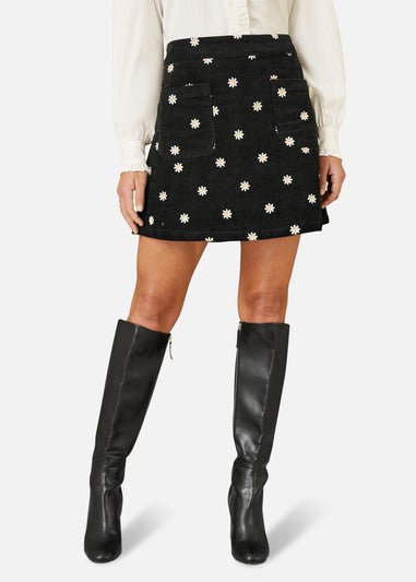 Yumi Black Corduroy Embroidered Daisy Mini Skirt