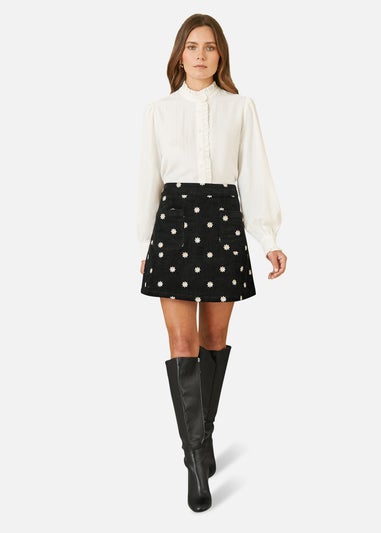 Yumi Black Corduroy Embroidered Daisy Mini Skirt