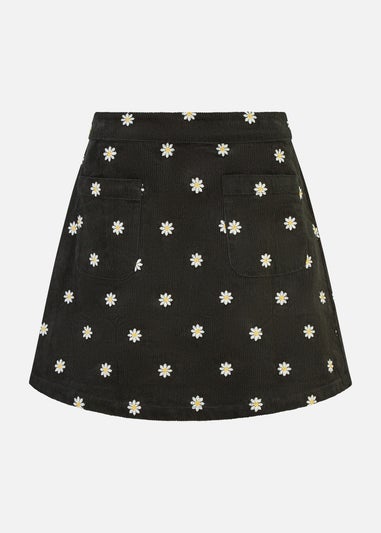 Yumi Black Corduroy Embroidered Daisy Mini Skirt