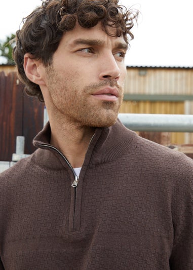 Threadbare Brown Basket Stitch Detail Knitted Quarter Zip Jumper