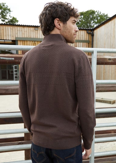 Threadbare Brown Basket Stitch Detail Knitted Quarter Zip Jumper