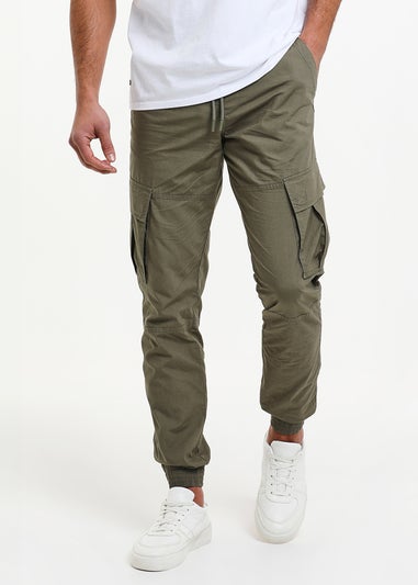 Threadbare Khaki Cotton Slim Fit Cuffed Cargo Trousers