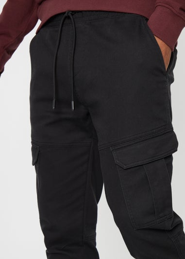 Threadbare Black Cotton Blend Cuffed Cargo Pocket Trousers