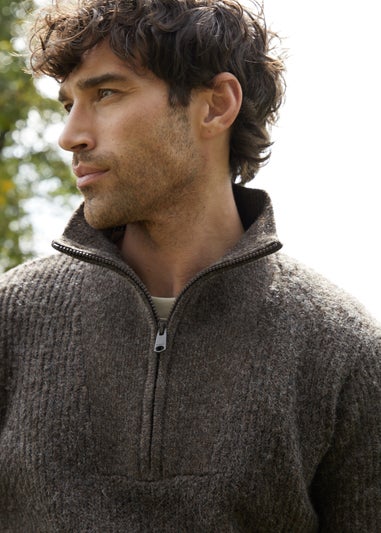 Threadbare Brown Quarter Zip Knitted Jumper