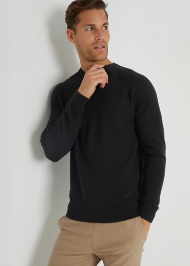 Threadbare Black Textured Stripe Knitted Crew Neck Jumper