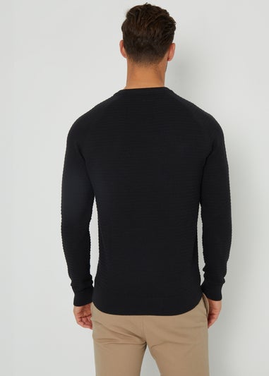 Threadbare Black Textured Stripe Knitted Crew Neck Jumper