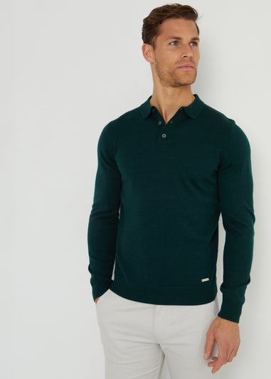 Threadbare Green Long Sleeve Knitted Polo Jumper