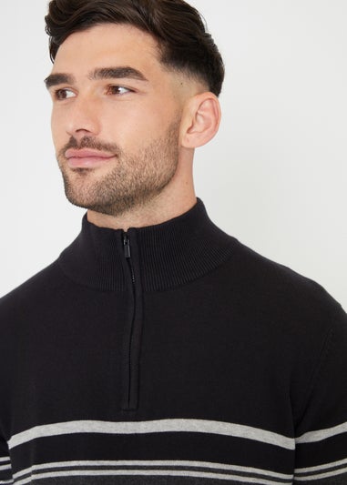 Threadbare Black Colourblock Quarter Zip Knitted Jumper