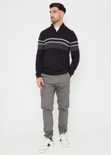 Threadbare Black Colourblock Quarter Zip Knitted Jumper