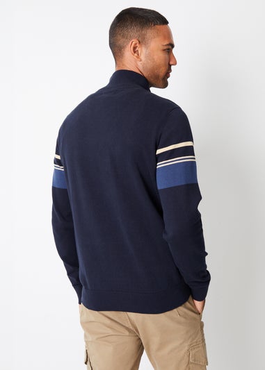 Threadbare Navy Colourblock Quarter Zip Knitted Jumper