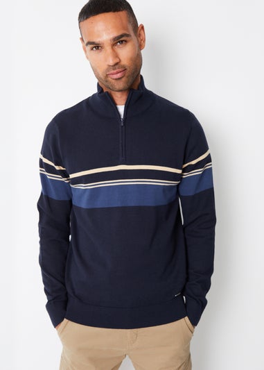 Threadbare Navy Colourblock Quarter Zip Knitted Jumper